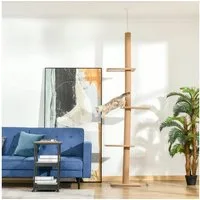 PawHut Kratzbaum Deckenhoch, Höhenverstellbarer Katzenbaum mit 3 Ebenen, Hellbraun, 43L x 27B x 228-260H cm