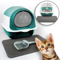 LINUMA Katzentoilette Katzenklo mit Deckel, Streumatte und Schaufel abnehmbar auch offen, Katzenklo auch offen nutzbar inkl. Katzenstreumatte und Schaufel