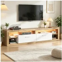 Merax Lowboard mit LED inkl.APP, Fernsehschrank in Naturholz und Weiß (TV Board für 75 Zoll TV, 1 St), TV-Schrank mit 2 Schubladen & 4 offene Fächer, 180x35,5x50 cm