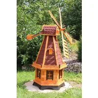 Holzdekoladen Deko-Windrad 6-eckige Gartenwindmühle aus Holz mit weißen Solarlicht & Flügel