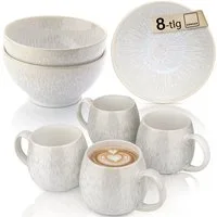 SÄNGER Geschirr-Set Korfu Geschirrset (12, 16, 24, 36 Teile) (8-tlg), 4 Personen, Steingut, Frühstücks Set, Creme, Handmade, Premium Collection