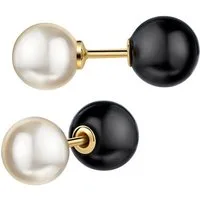 JEVELION Paar Ohrstecker 333 Gelbgold echte Süßwasserperle mit Onyxkugel (Gold Ohrschmuck, 2-tlg., für Damen und Mädchen), Perlenschmuck - Made in Germany