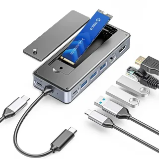 ORICO 8-in-1 USB-C Hub with M.2 NVMe SATA SSD Enclosure Laptop Docking Station Adapter with HD 4K/60Hz USB3.2 Gen2 USB2.