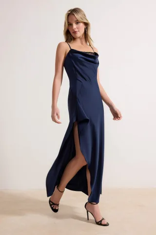 Damen marineblaues, flaches, ärmelloses Midi-Kleid, schickes Abendkleid/Slipkleid