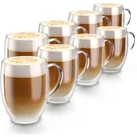 Arendo Gläser-Set doppelwandige Thermogläser mit Henkel, 350 ml Kaffeetasse, Trinkglas, 8-tlg., Glas, für Latte Macchiato, Cappuccino, Tee, hitzebeständig spülmaschinenfest