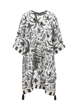 Sommerlicher Poncho aus Viskose mit Strand-Motiven und Quasten schwarz - Gr. - one size