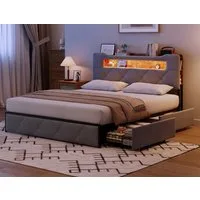 ADWOLT Polsterbett Doppelbett Stauraumbett mit 4 Schubladen Samtstoff, 140x200 cm,Mit USB+TYPE-C,LED-Beleuchtung,Schubladen mit Rädern,Grau