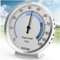 MAVORI Hygrometer analog aus Edelstahl - präzise und stilvoll - Ø 9,5cm, batteriefreier Betrieb (Bi-Metall)