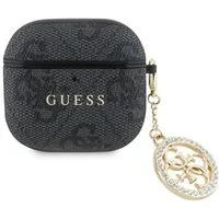 Guess Kopfhörer-Schutzhülle Case AirPods 4 Kunstleder grau Logo Metal Kette Strass goldfarbig, Kantenschutz