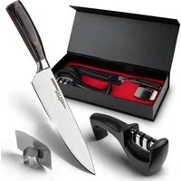 Salqinos® Allzweckmesser - Profimesser aus Carbon Edelstahl mit Messerschärfer & Fingerschutz