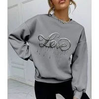 RMK Rundhalspullover Damen Pulli Pullover Hoodie Longsleeve Oversize Loose Fit Liebe mit "Love" Print, Rundhals Ausschnitt