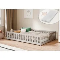 Kids Collective Kinderbett Bodenbett mit Rausfallschutz & Lattenrost Montessori Betten Kinder (Verfügbare Größen: 80 x 160, 80 x 180, 90 x 190, 90 x 200, 120 x 200, 140 x 200 cm), Jugendbett Einzelbett Kiefer mit Matratze Kaschmir 140x200 cm