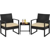 Yaheetech Balkonset 3-teilig Terrassenmöbel-Set in Rattan-Optik, Sitzgruppe mit 2 Stühle & 1 Quadratischem Beistelltisch mit Glasplatte