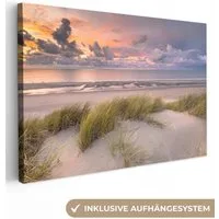 OneMillionCanvasses® Leinwandbild Sonnenuntergang - Düne - Strand - Pflanzen - Meer, Fotodruck (1 St), Leinwand Bilder Klein, Wand Dekoration Aesthetic 30x20 cm