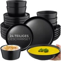 tectake Geschirr-Set Tafelservice aus Steingut für 6 Personen, ineinander stapelbar (24-tlg), 6 Personen, Steingut, im Urban-Style, mit Glasur, spülmaschinen- und mikrowellengeeignet