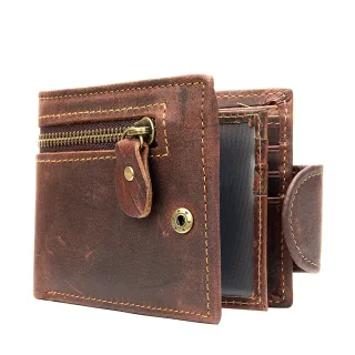 Ekphero Men's Vintage Genuine Leather Short Wallet with Zipper Pocket and Snap Closure Stylish Bifold Multi-Card Holder
