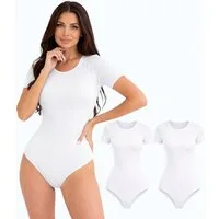 fashionshowcase Kurzarmbody Damen 2er Pack Bodysuit Rundhals Baumwolle Elasthan Basic Shirt (Packung, 2er Pack) Atmungsaktives Material, elastische Passform