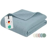 Wohndecke Musselin Decke 150 x 200 100% Baumwolle Kuscheldecke Tagesdecke Plaid, Carpe Sonno, Leichte Musselindecke für Sofa Couch Wohnzimmer Bett - Blau