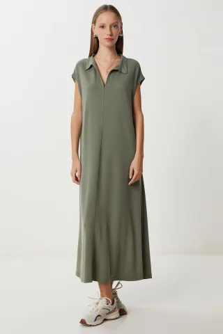 Polo-Kragen Midi-Kleid mit Tasche zum Überziehen