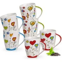 matches21 HOME & HOBBY Tasse Kaffeetassen 6er Set Blumen Herzen Frühling Sommer, 6-tlg., Porzellan, Tee Kaffee-Becher, modern, blau grün rot bunt, 300 ml