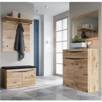 Lomadox Garderoben-Set TRIPOLI-129, (Spar-Set, 4-St., Schuhschrank Garderobenpaneel Kommode Spiegel), Flurmöbel Garderobenschrank Flurschrank Schuhbank modern in Eiche