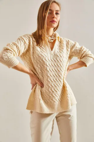 Strukturierter V-Ausschnitt Strickpullover