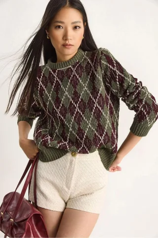 Damen Rundhals Strickpullover mit Diamantmuster