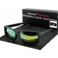 Rennec Sonnenbrille (Rechteckige Sonnenbrille Herren Carbon Look Gläser Türkis Verspiegelt) Motorsport Brille mit 3in2 Edelstahlgelenke und Marken Logo