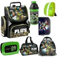 GOLDKIDS Schulranzen set jungen 1. klasse 7-teilig Ranzen Tornister (Schulrucksack Federmappe, 1-tlg., Turnbeutel Turnsack Brotdose), Trinkflasche Sporttasche Regenschutz Game Pixel Motiv mäppchen