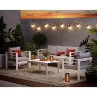 MeXo Gartenlounge-Set Gartenmöbel Set 4-5 Personen Aluminium Wetterfest, (weiß, harmonieren mit Licht bei Nacht, 4-tlg., Passt zum skandinavischen, mediterranen oder minimalistischen Stil), 12cm Deluxe Relax-Sitzkissen, Terrassenmöbel Set mit Tisch