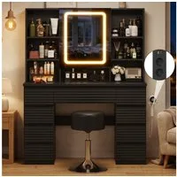 HOMALL Schminktisch Mit Spiegel und LED-Beleuchtung, mit Steckdose (Kombination aus 9 Schubladen, 7 offenen Fächern und Stauraum hinter dem Spiegel, Maße: 108 × 40 × 146 cm, mit 2 Steckdosen, 1 USB-Anschluss und 1 Typ-C-Anschluss, Föhnhalterung)