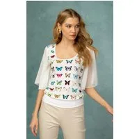 Passioni T-Shirt Sommerliches weißes Top mit elegantem Schmetterlingsmuster vorne
