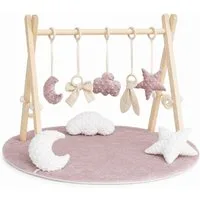 LuMali Baby Gym Holz Spielbogen klappbar 5 Spielzeuge Matte 41x58x49cm Naturholz, (5 sensorische Anhänger 2 Baumwollschnüre Montageset), Spieltrapez Neugeborene sensorisch Spielmatte 78cm wendbar ab Geburt