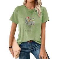 PYLIKE Kurzarmshirt Damen Frühling Casual bequemes t shirt mit Blumen Print-Shirt