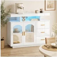 HOMCOM Sideboard Kommode mit LED, Steckdosen, 3 Schubladen (Set, 1 St., Hochglanz Aufbewahrungsschrank), für Wohnzimmer, Schlafzimmer 100x35x80 cm, Weiß