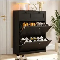 VOWNER Schuhschrank mit 2 Klappen, Schuhregal, 80 x 24 x 100 cm Schwarz