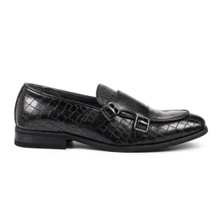 Schwarze vegane Leder-Loaferschuhe mit Doppel-Monk-Riemen für Herren
