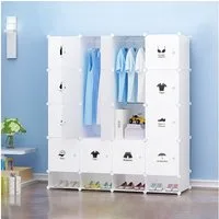 JEOBEST Kleiderschrank Tragbarer Regalsystem Schlafzimmerschrank, Schuhregal 20 Würfel Schrank aus Kunststoff mit 2 Kleiderstange Weiss