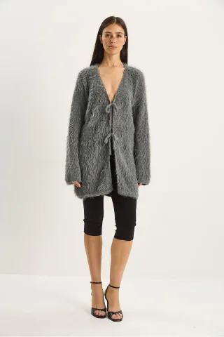 Strukturierter V-Ausschnitt Midi-Cardigan mit Bindebandverschluss