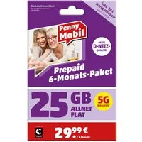 Penny Mobil Prepaid 6-Monats-Paket Simkarte mit 30 € Startguthaben Prepaidkarte, (EU-Roaming inkl. Schweiz und Großbritannien)