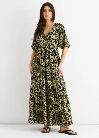 Grünes Skater-Maxikleid mit Tiermotiv in Wickeloptik