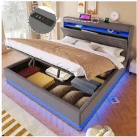 Merax Polsterbett mit LED-Beleuchtung und USB/Typ-C Ladefunktion (Leinenstoff, 1-tlg., Mehrzweckbett), Doppelbett 180x200cm mit hydraulischem Stauraum & Flip-Top-Staufach