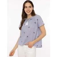 Zwillingsherz Kurzarmbluse "Stripe & Stitch" Kurzarm, mit Stickerei, Tunnelzug und Tasseln