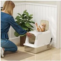 PawHut Katzentoilette Katzenklo Edelstahl mit Deckel Katzentoilette mit Haube, für Katzen bis 7 kg, Weiß