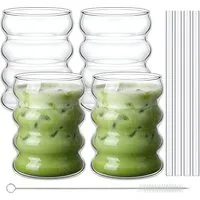 glanzerie Gläser-Set 4er Set Iced Matcha Latte Trinkgläser 350ml Wellenform Wassergläser, für Latte Macchiato, Cappuccino, Eiskaffee, Smoothies, Cocktails