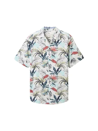 Tom Tailor - Kurzarmhemd mit Allover Print white tropical leaf design - Gr. - L