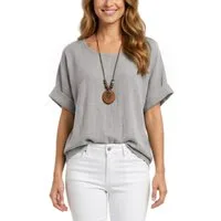 dy_mode Kurzarmbluse Damen Kurzarm Bluse Leichte Sommer Tunika Baumwollbluse Oberteil in Unifarbe, mit passende Kette