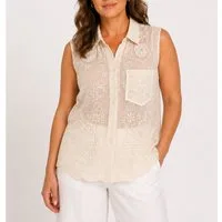 Mississhop Shirtbluse Damen Shirtbluse ärmellos Baumwolle – Bluse mit Stickerei GR. 46-48