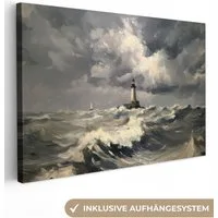 OneMillionCanvasses® Leinwandbild Leuchtturm - Wellen - Sturm, Fotodruck (1 St), Leinwand Bilder Klein, Wand Dekoration Aesthetic 30x20 cm