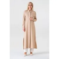 fashionshowcase Longtunika Damen lange Tunika verdeckte Knopfleiste Modest elastisch elegant minimalistischer Look, fließender Fall, ideal für Modest Outfits